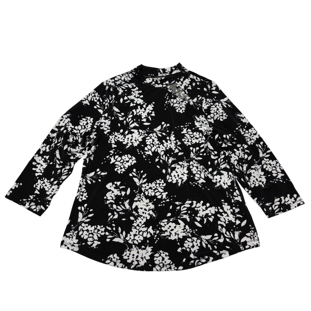 Adrienne Vittadini Black White Floral Mock Neck Top Ring Womens L Dark Coquette